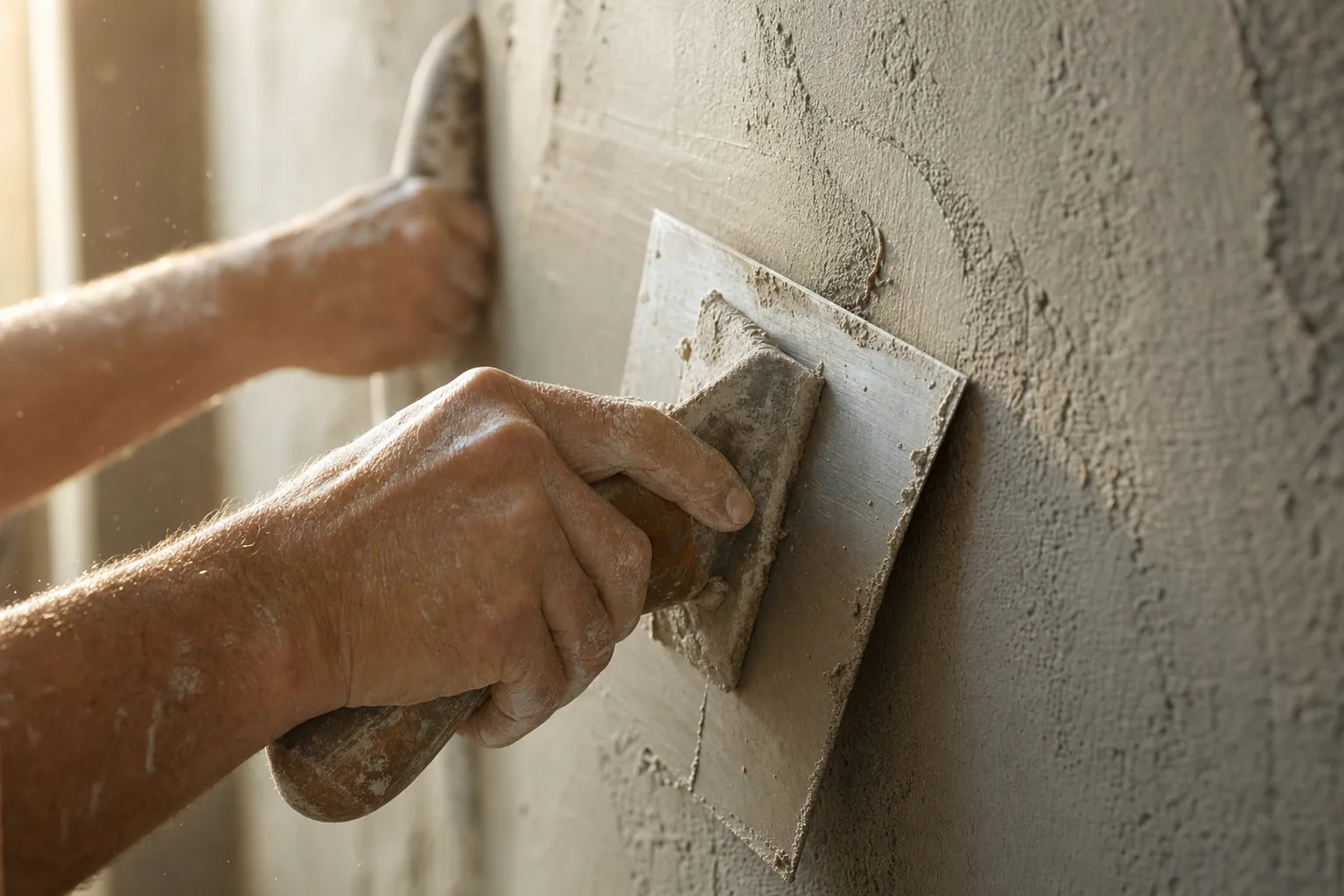 Close-up of a tradesperson skimming a wall with a plastering trowel