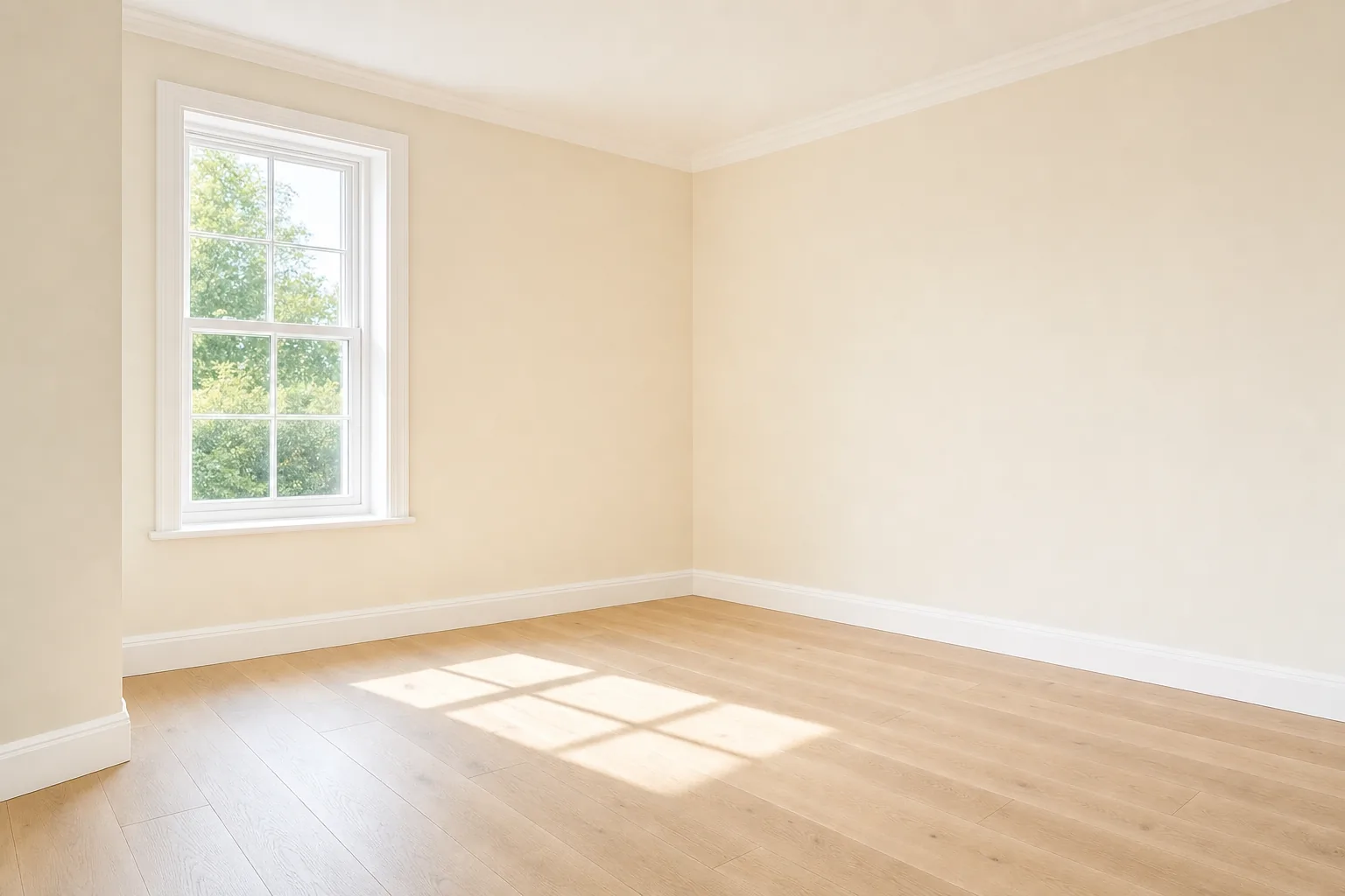 An empty, freshly renovated room with pale oak floors and sunlight falling across the boards