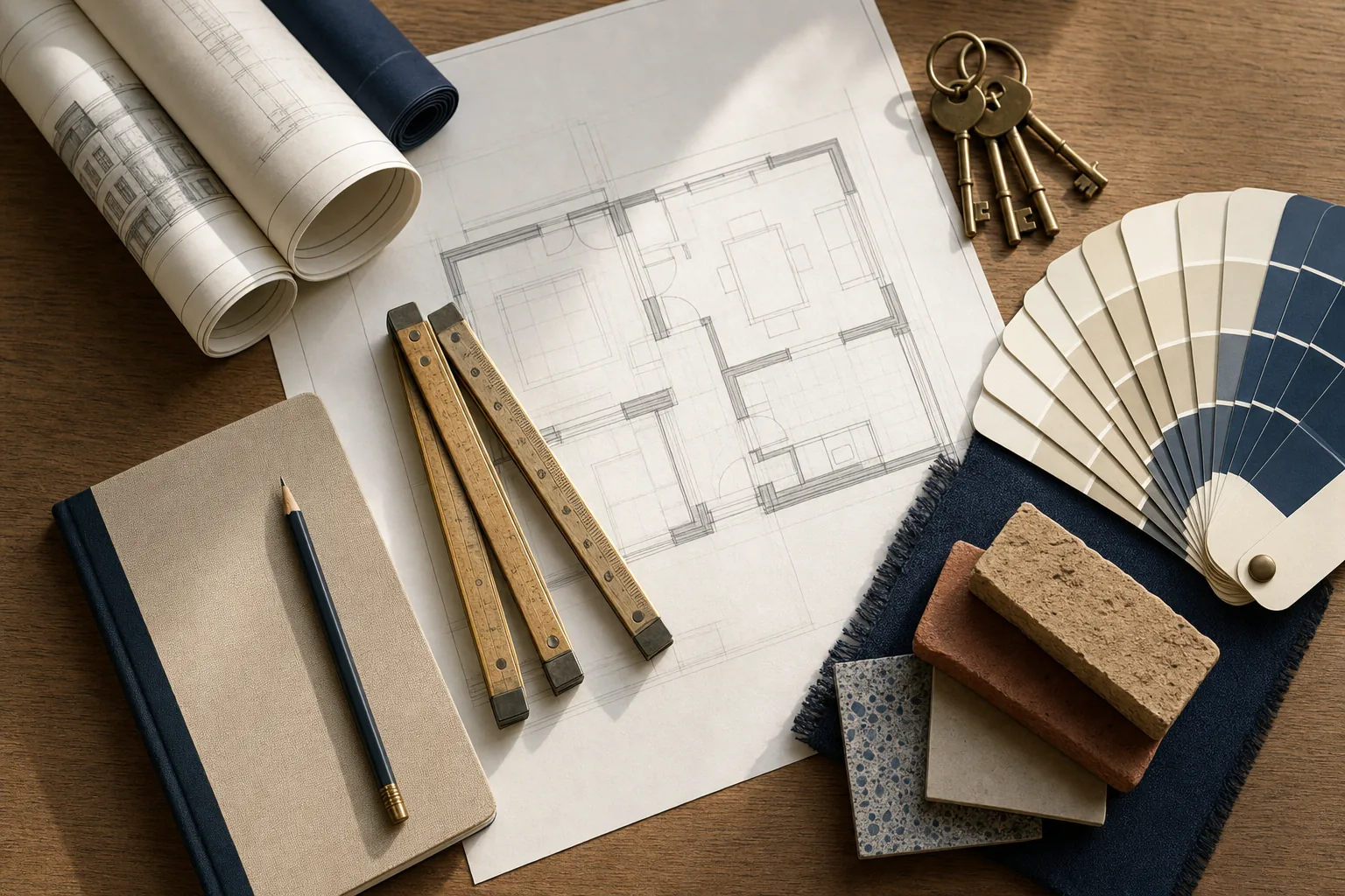 Overhead still life of architectural drawings, a folding ruler, brass keys, a paint fan deck and material samples